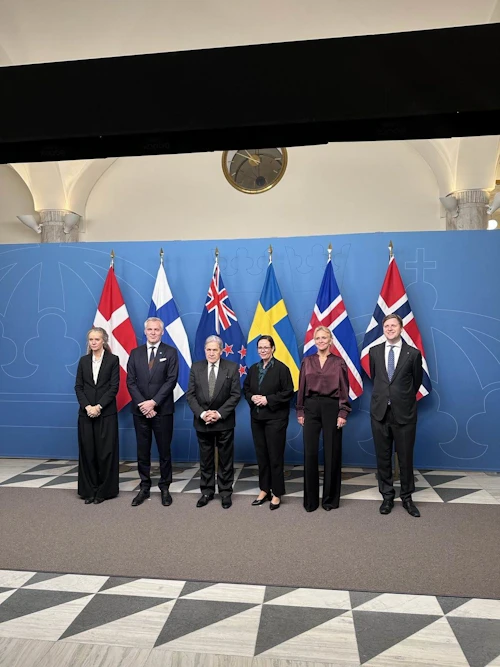 Ráðherrar Norðurlandanna ásamt Winston Peters, utanríkisráðherra Nýja Sjálands.
