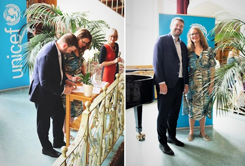 Ásmundur Einar Daðason og Birna Þórarinsdóttir undirrita samning í Laugarnesskóla