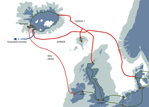 Núverandi og tilvonandi fjarskiptasæstrengir Farice.