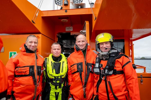 Jón Gunnar Jónsson forstjóri Samgöngustofu, Bogi Þorsteinsson skólastjóri Slysavarnaskóla sjómanna, Eyjólfur Ármannsson innviðaráðherra og Stefán Smári Skúlason kennari við Slysavarnaskóla sjómanna.