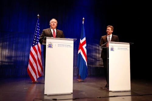 Michael Pompeo, utanríkisráðherra Bandaríkjanna, og Guðlaugur Þór Þórðarson utanríkisráðherra á fréttamannafundi í Hörpu