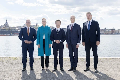 Frá vinstri: Petteri Orpo, forsætisráðherra Finnlands, Mette Frederiksen, forsætisráðherra Danmerkur, Ulf Kristersson, forsætisráðherra Svíþjóðar, Jonas Gahr Støre, forsætisráðherra Noregs, og Bjarni Benediktsson forsætisráðherra.