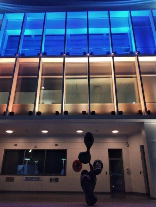 The Building of Iceland & Denmark Embassies lit up with the colours of the  Ukranian flag
