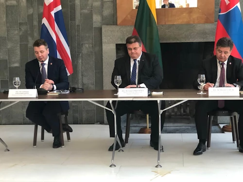 Guðlaugur Þór Þórðarson, Linas Antanas Linkevičius, utanríkisráðherra Lithánes, og Miroslav Lajčák, utanríkisráðherra Slóvakíu, á fundinum í dag.