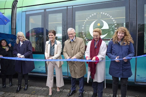 Inauguration of a tram in the colours of the norther lights to celebrate Iceland's presidency of the CoE
