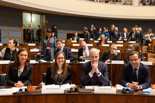 Sanna Marin, forsætisráðherra Finnlands, Katrín Jakobsdóttir forsætisráðherra, Jonas Gahr Støre, forsætisráðherra Noregs, og Ulf Kristersson, forsætisráðherra Svíþjóðar. Mynd/norden.org