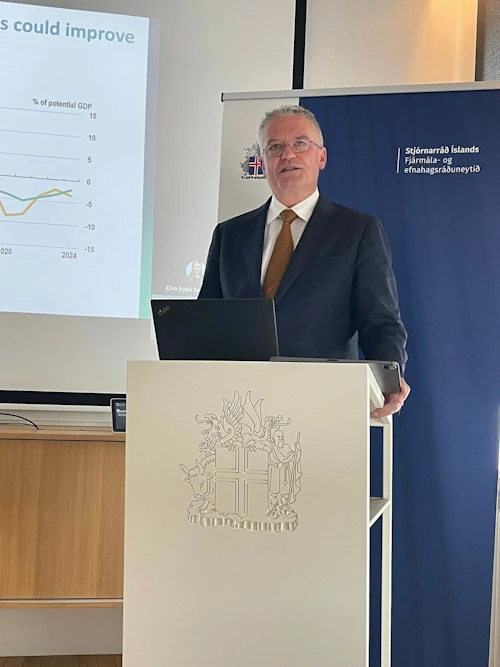 Mathias Cormann, Secrétaire général de l’OCDE, lors de la présentation de l'Étude économique de l’Islande par l’OCDE à Reykjavik hier