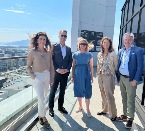 Þórdís Kolbrún, Jeppe Kofod, Anniken Huitfeldt, Ann Linde og Pekka Haavisto á fundinum í Bodö í dag.