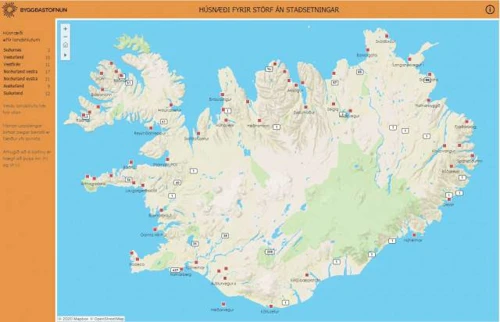 Kort Byggðastofnunar sýnir staði sem bjóða upp á húsnæði fyrir störf án staðsetningar.