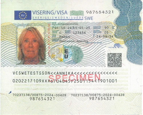 A specimen of a Schengen visa sticker.
