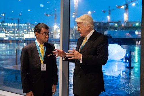 Ólafur Ragnar Grímsson, Chairman of the Arctic Circle, welcoming H.E. Taro Kono, Minister of Foreign Affairs of Japan, at Harpa in Reykjavík