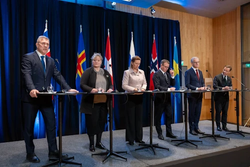 Frá blaðamannafundi norrænu forsætisráðherranna.