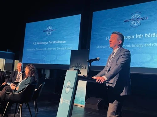 Guðlaugur Þór Þórðarson, umhverfis-, orku- og loftslagsráðherra ávarpar Hringborð Norðurslóða í Nuuk.