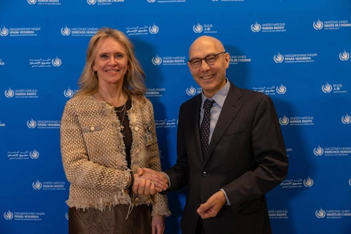 Þorgerður Katín Gunnarsdóttir utanríkisráðherra ásamt Volker Türk mannréttindafulltrúa Sameinuðu þjóðanna.