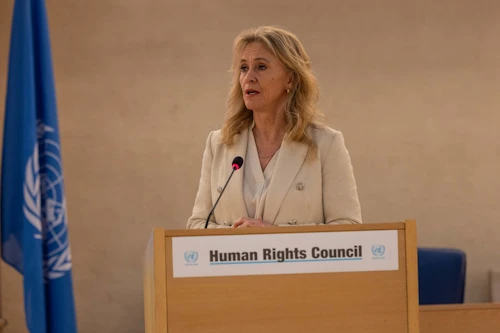 Þorgerður Katrín Gunnarsdóttir utanríkisráðherra ávarpar mannréttindaráð Sameinuðu þjóðanna.