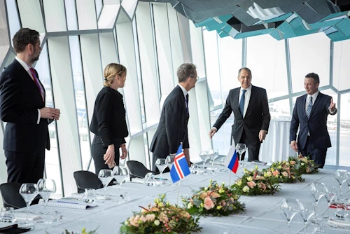 Frá fundi Guðlaugs Þórs og Sergei Lavrov í Hörpu í dag