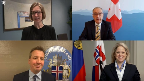 Auk Guðlaugs Þórs Þórðarsonar sátu fundinn Katrin Eggenberger, utanríkisráðherra Liechtentstein, Iselin Nybø, iðnaðar- og viðskiptaráðherra Noregs og Guy Parmelin, ráðherra efnahagsmála, menntunar og rannsókna í sambandsstjórn Sviss.