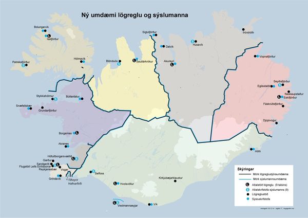 Hér sjást nýju umdæmamörkin og skrifstofur embættanna í hverju umdæmi. Hér sjást nýju umdæmamörkin og skrifstofur embættanna í hverju umdæmi.
